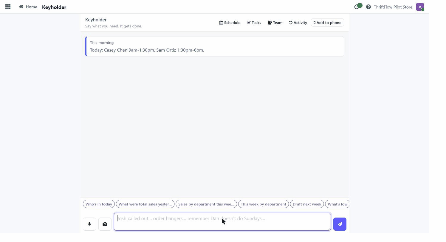 Huddle demo: who's in today, a call-out filled, sales by department, and the end-of-day report